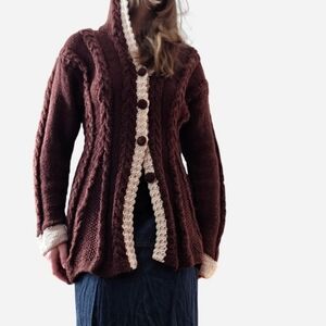 Brown Cable-Knit Button Cardigan Sweater with Cream Trim